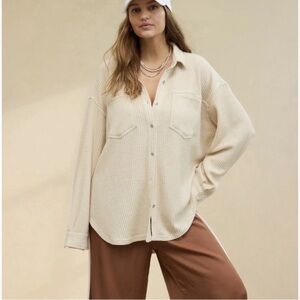 Aerie Anytime Fave Oversized Waffle Knit Button Up Shacket in Beige
